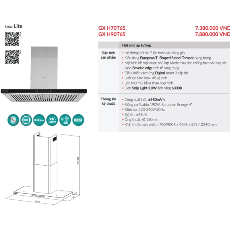 Máy hút mùi áp tường GrandX GX H90T65 7 Máy hút mùi áp tường GrandX GX H90T65