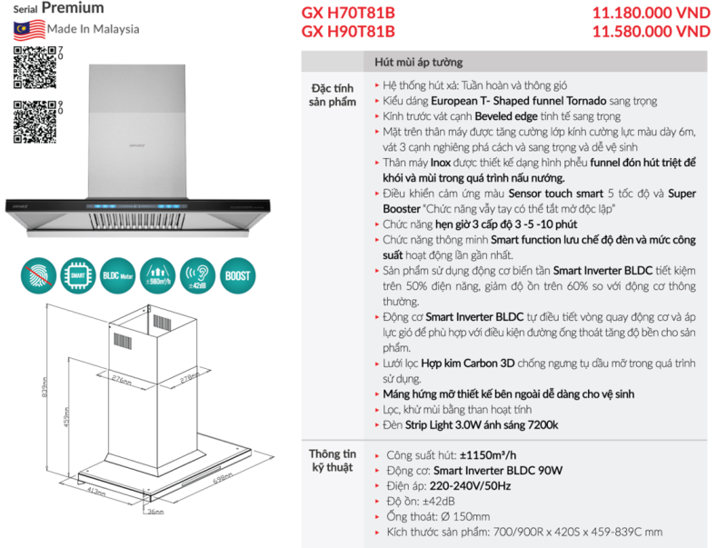 Máy hút mùi áp tường GrandX GX H90T81B 9 Máy hút mùi áp tường GrandX GX H90T81B