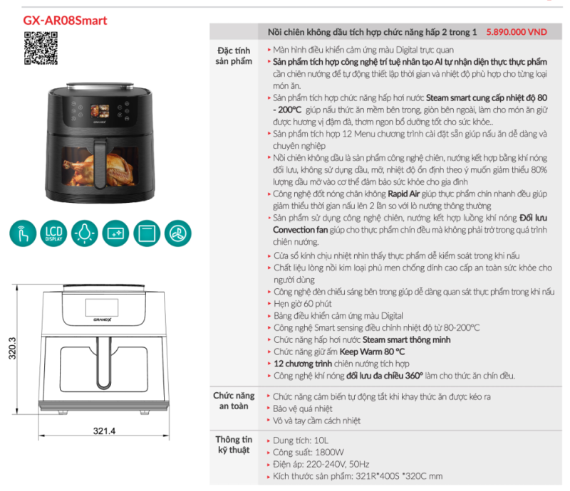 Nồi chiên không dầu GrandX GX-AR08SMART 17 Nồi chiên không dầu GrandX GX-AR08SMART