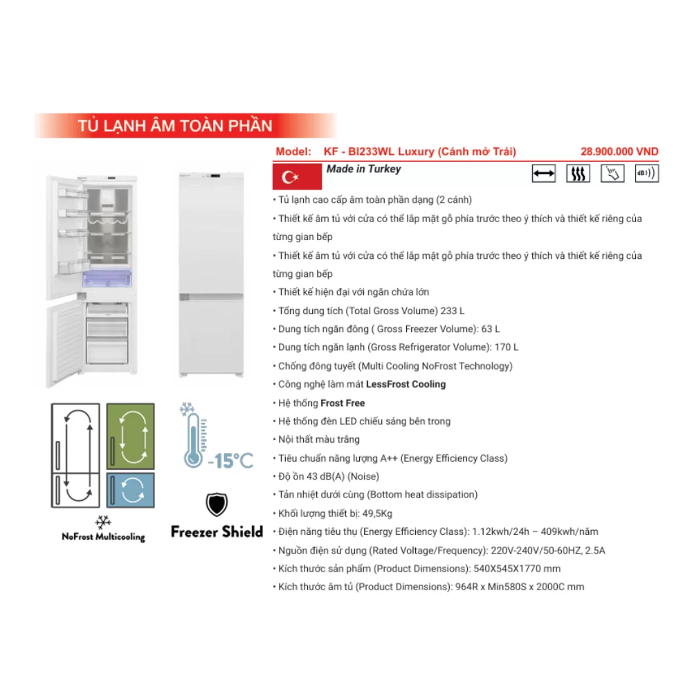 Tủ lạnh KAFF KF-BI233WR Luxury (Cánh mở phải) 12 Tủ lạnh KAFF KF-BI233WR Luxury (Cánh mở phải)