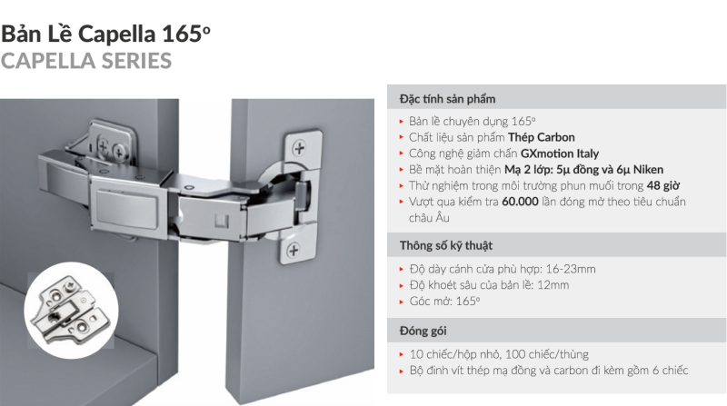Bản lề GrandX XC.165A thẳng lắp trùm ngoài 165 độ 6 Bản lề GrandX XC.165A thẳng lắp trùm ngoài 165 độ