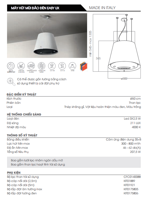 MÁY HÚT MÙI ĐẢO ĐÈN ELICA EASY UX IX/F/50 12 MÁY HÚT MÙI ĐẢO ĐÈN ELICA EASY UX IX/F/50