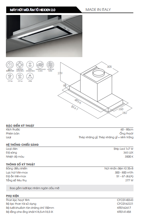 MÁY HÚT MÙI ÂM TỦ ELICA HIDDEN 2.0 IX/A/60 10 MÁY HÚT MÙI ÂM TỦ ELICA HIDDEN 2.0 IX/A/60