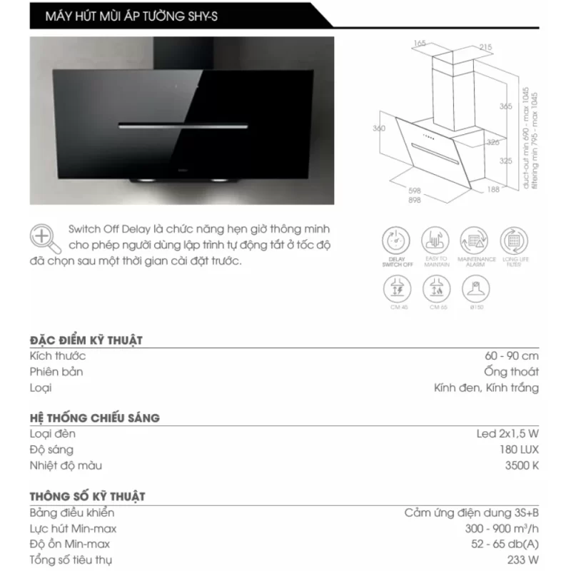 MÁY HÚT MÙI ÁP TƯỜNG ELICA SHY-S WH/A/90 10 MÁY HÚT MÙI ÁP TƯỜNG ELICA SHY-S WH/A/90