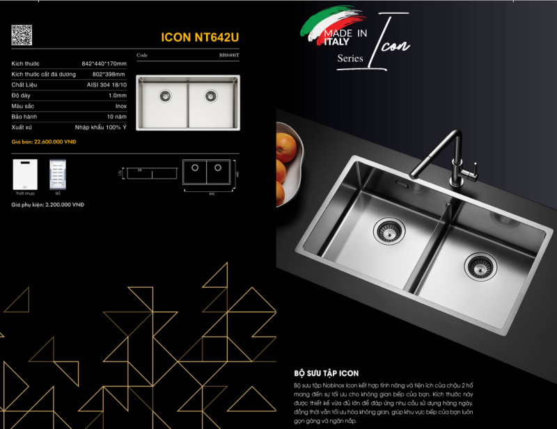 Chậu rửa bát NoBiNox ICON NT642U BB8400T 22 Chậu rửa bát NoBiNox ICON NT642U BB8400T