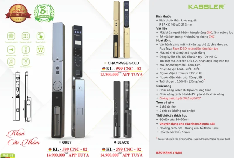KHOÁ VÂN TAY CỬA NHÔM KASSLER KL-599 CNC 02 CHAMPAGNE GOLD APP 2 KHOÁ VÂN TAY CỬA NHÔM KASSLER KL-599 CNC 02 CHAMPAGNE GOLD APP