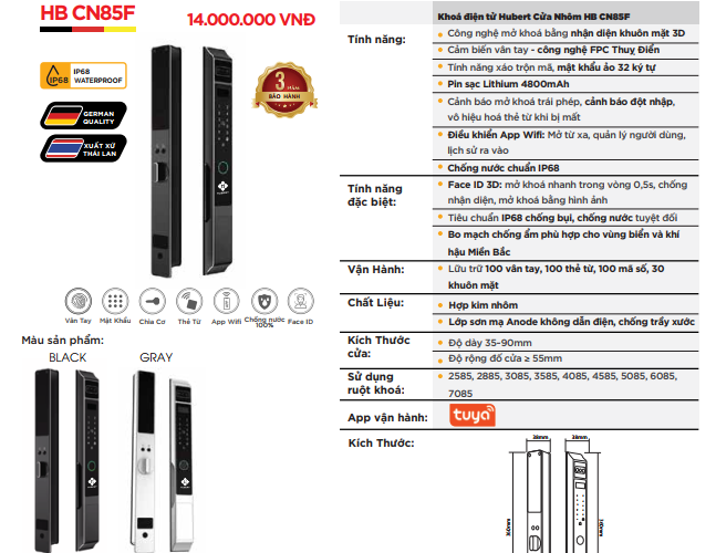 KHÓA VÂN TAY CỬA NHÔM HUBERT HB CN85F BLACK 12 KHÓA VÂN TAY CỬA NHÔM HUBERT HB CN85F BLACK