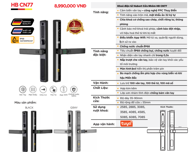 KHÓA VÂN TAY CỬA NHÔM HUBERT HB CN77 GRAY 3 KHÓA VÂN TAY CỬA NHÔM HUBERT HB CN77 GRAY