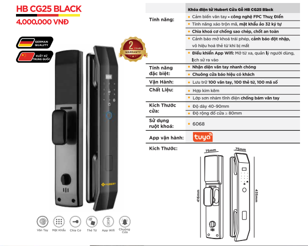 KHÓA VÂN TAY CỬA GỖ HUBERT HB CG25 BLACK 18 KHÓA VÂN TAY CỬA GỖ HUBERT HB CG25 BLACK