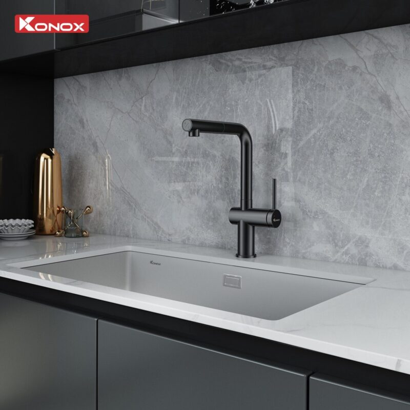 VÒI RỬA BÁT DÂY RÚT KONOX STREAM SMART GUN METAL 18 VÒI RỬA BÁT DÂY RÚT KONOX STREAM SMART GUN METAL