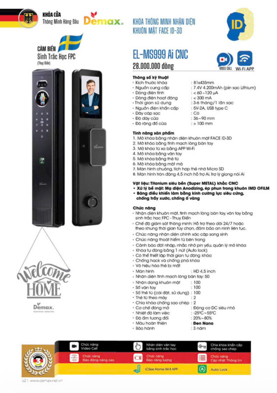 KHÓA CỬA THÔNG MINH DEMAX EL-MS999 AI CNC 1 KHÓA CỬA THÔNG MINH DEMAX EL-MS999 AI CNC