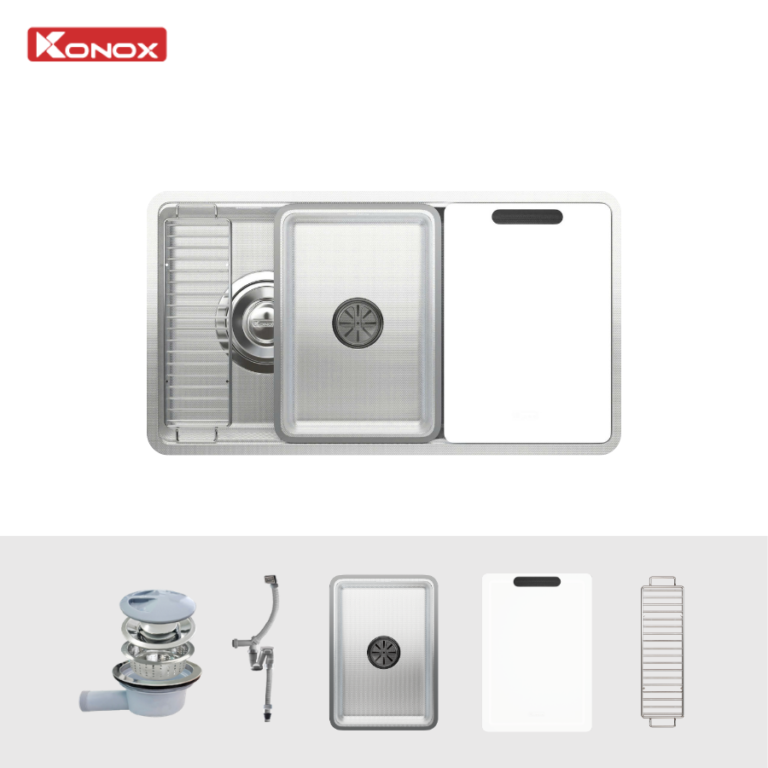 Chậu rửa bát inox 1 hố chống xước Konox Dekor JP8044SU-L 2 Chậu rửa bát inox 1 hố chống xước Konox Dekor JP8044SU-L