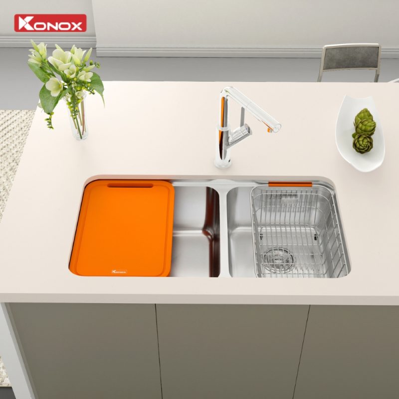 Chậu rửa bát lắp âm 2 hố lệch R50 Konox Tari 8246DU 2 Chậu rửa bát lắp âm 2 hố lệch R50 Konox Tari 8246DU