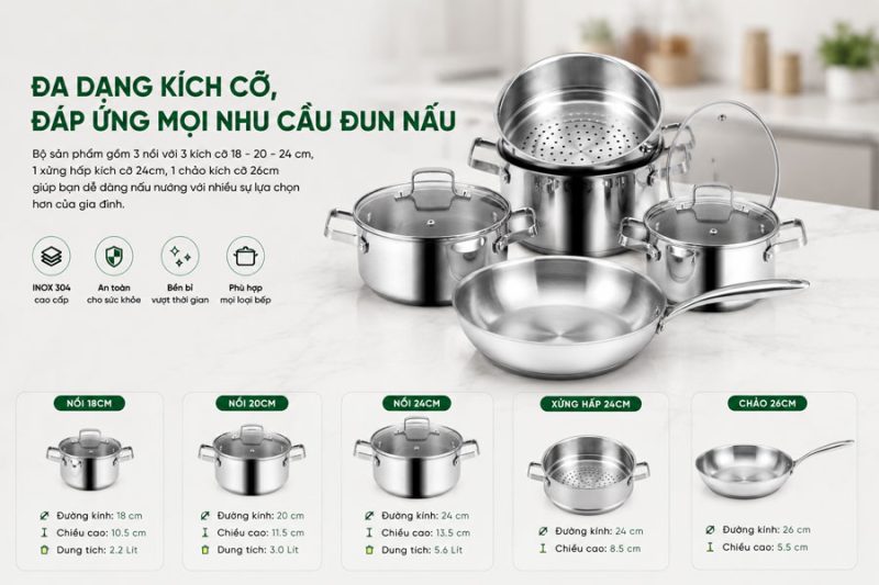BỘ NỒI INOX 8 MÓN EUROSUN EU1702 HARMONY 3 BỘ NỒI INOX 8 MÓN EUROSUN EU1702 HARMONY